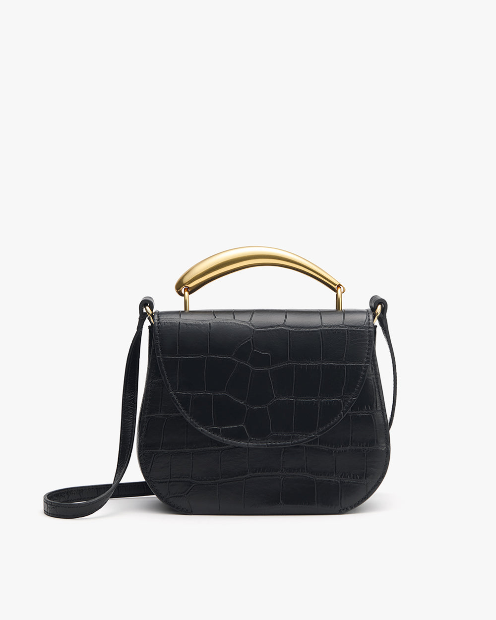 Handbag with croc-embossed leather, strap, and curved top handle.