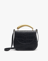 Handbag with croc-embossed leather, strap, and curved top handle.