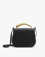 Handbag with curved top handle and long strap