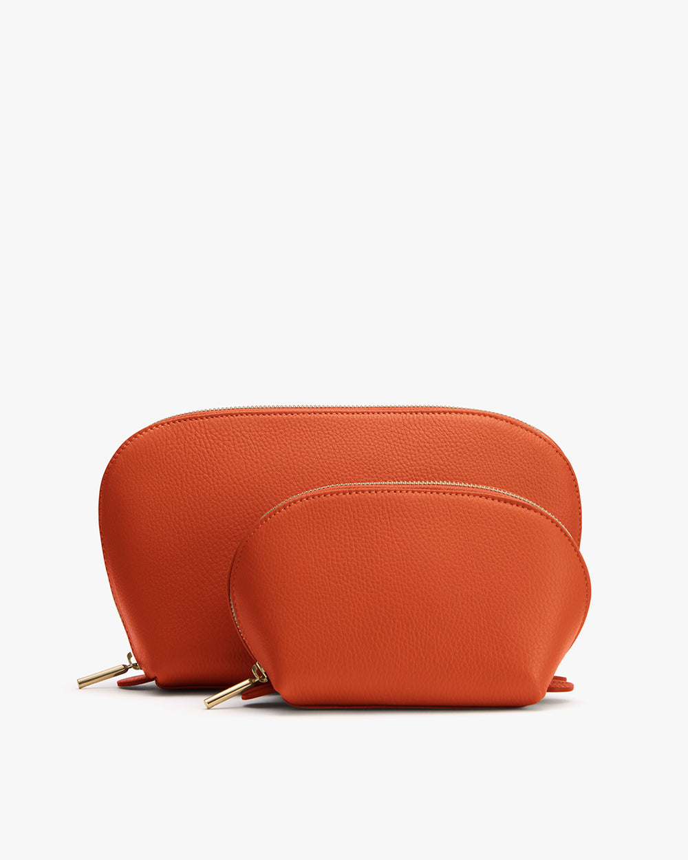 Two orange pouches with zip closures, one larger, one smaller, placed side by side.