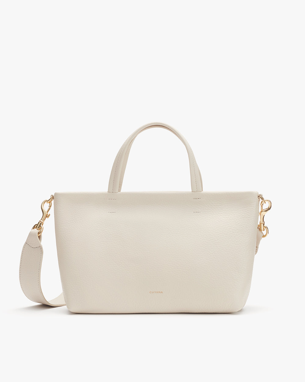 Handbag with top handles and a shoulder strap, positioned upright.