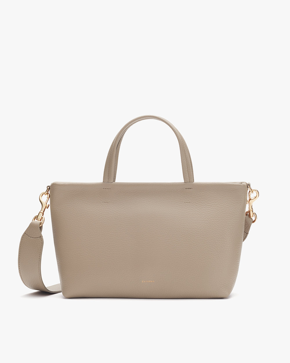 Handbag with top handles and a detachable shoulder strap.