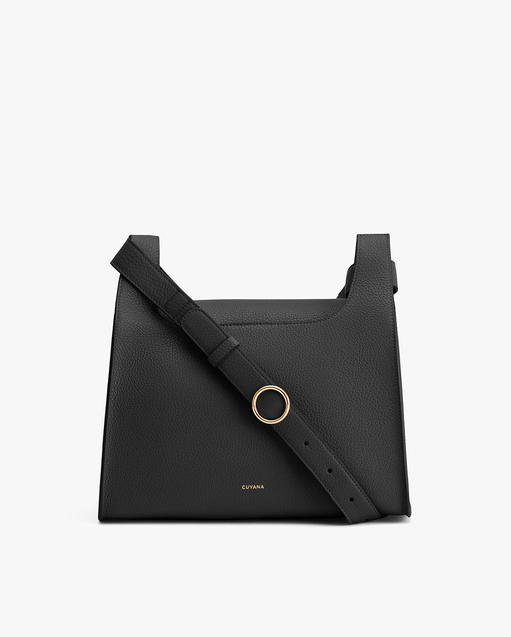 Handbag with shoulder strap and metal ring detail on front.