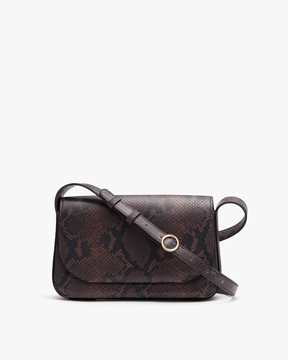 Messenger-style bag with adjustable strap and front clasp.