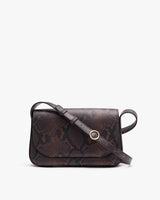 Messenger-style bag with adjustable strap and front clasp.