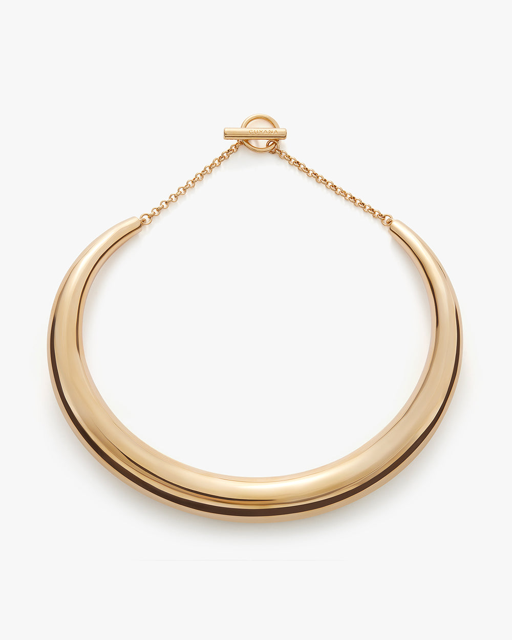 Smooth, curved necklace with a chain fastener at the top.