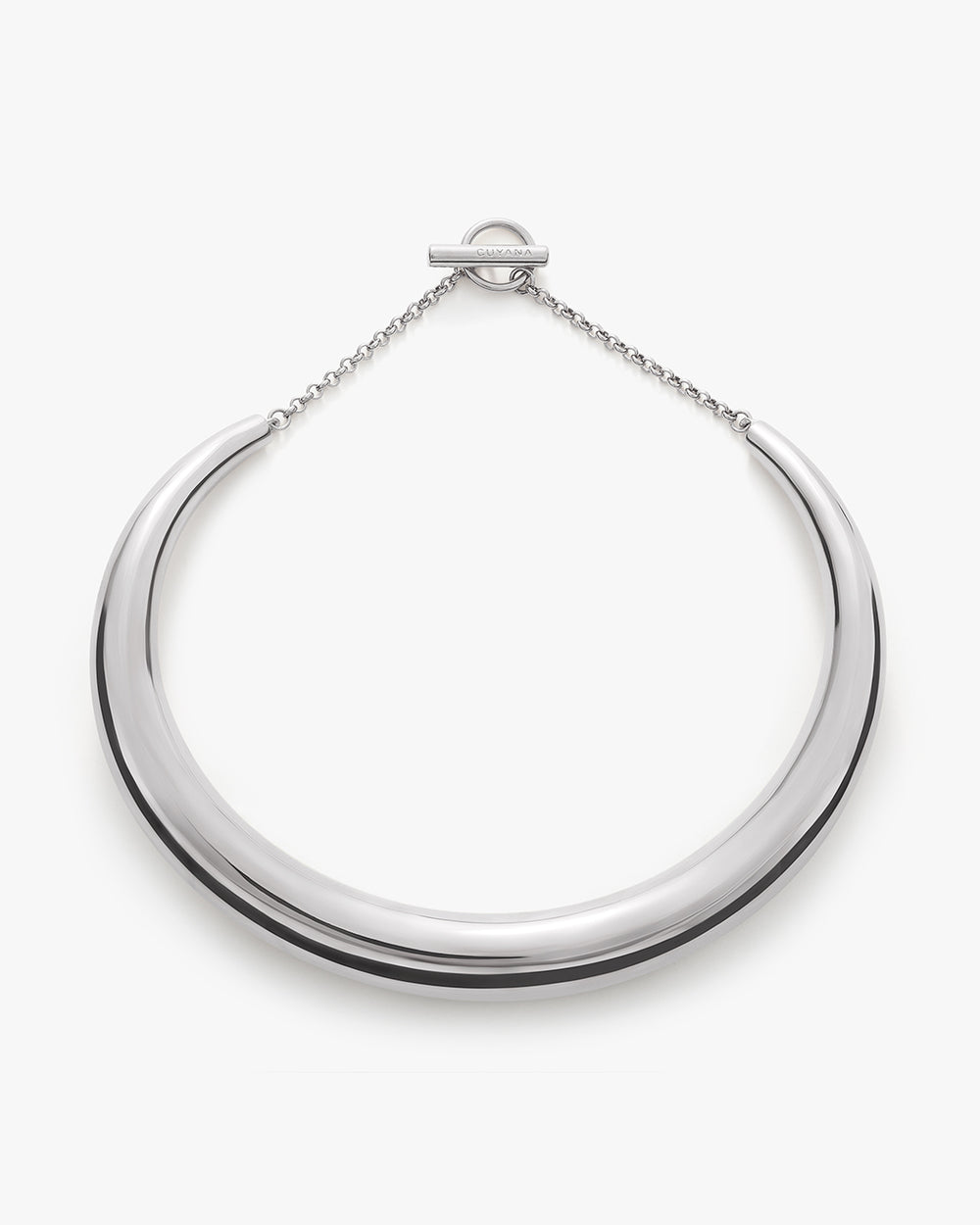 Metal necklace with a large hoop and a chain clasp.