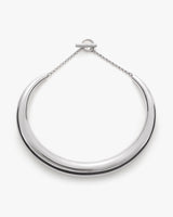 Metal necklace with a large hoop and a chain clasp.