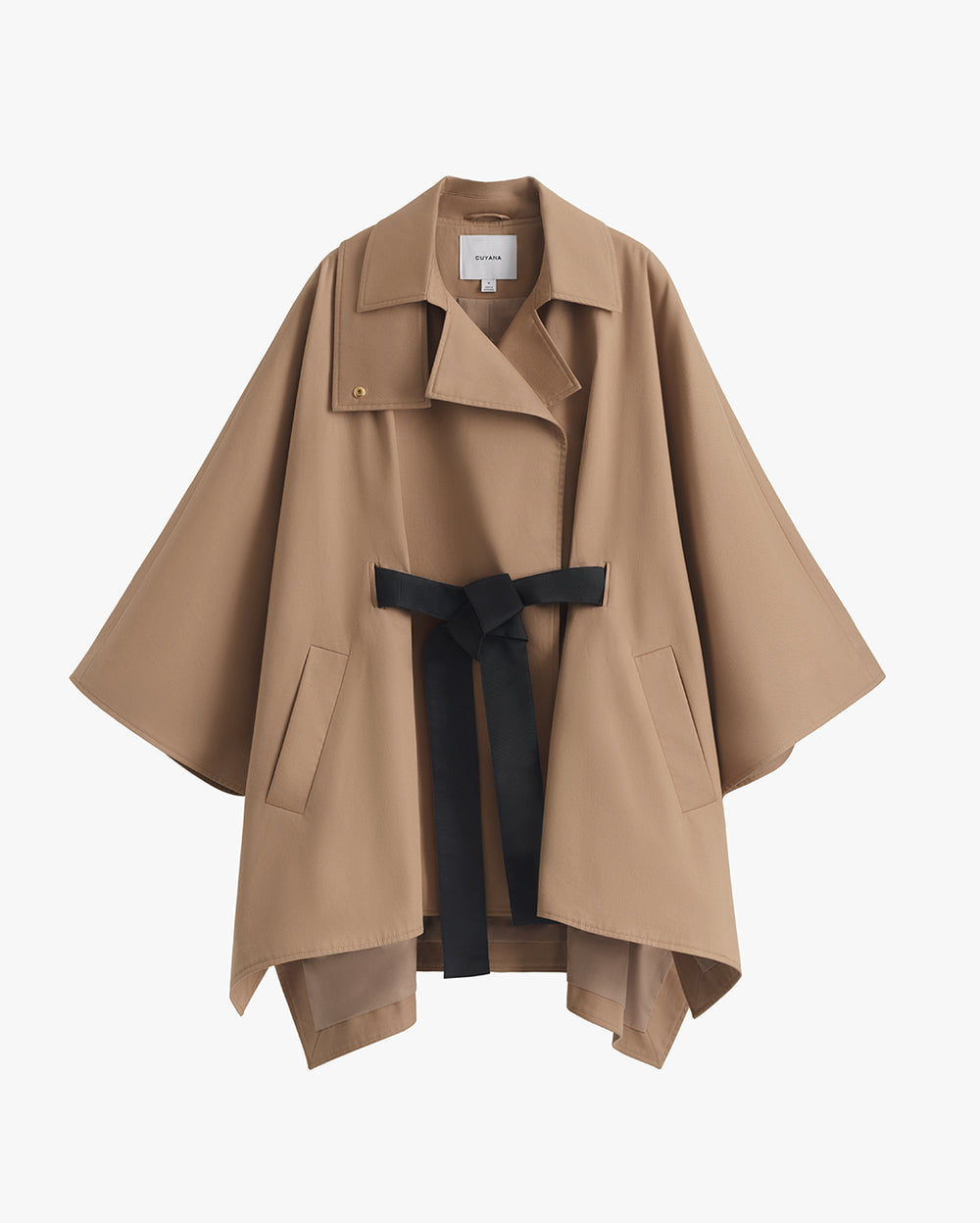 Trench coat with wide collar, belt, and flap pockets displayed against a plain background.