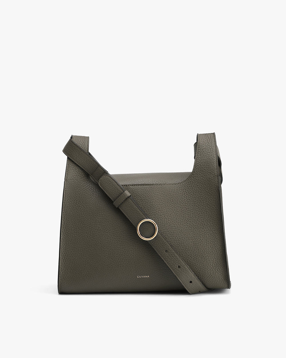 Handbag with a shoulder strap and central metal ring detail