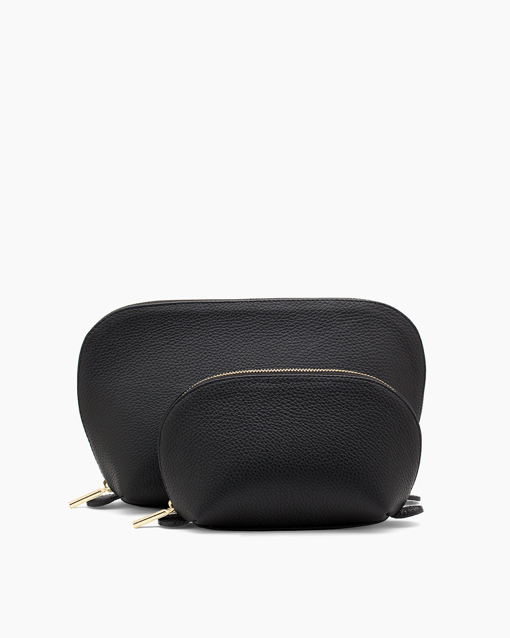 Two cosmetic bags of different sizes with zippers on a plain background.