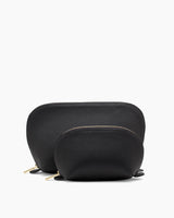 Two cosmetic bags of different sizes with zippers on a plain background.