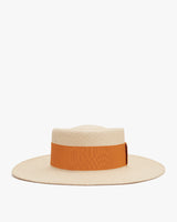 Wide-brimmed hat with a flat crown and broad ribbon band
