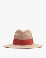 Wide-brimmed hat with a visible band on a plain background.