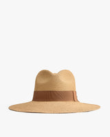 Wide-brimmed hat with a wide band.