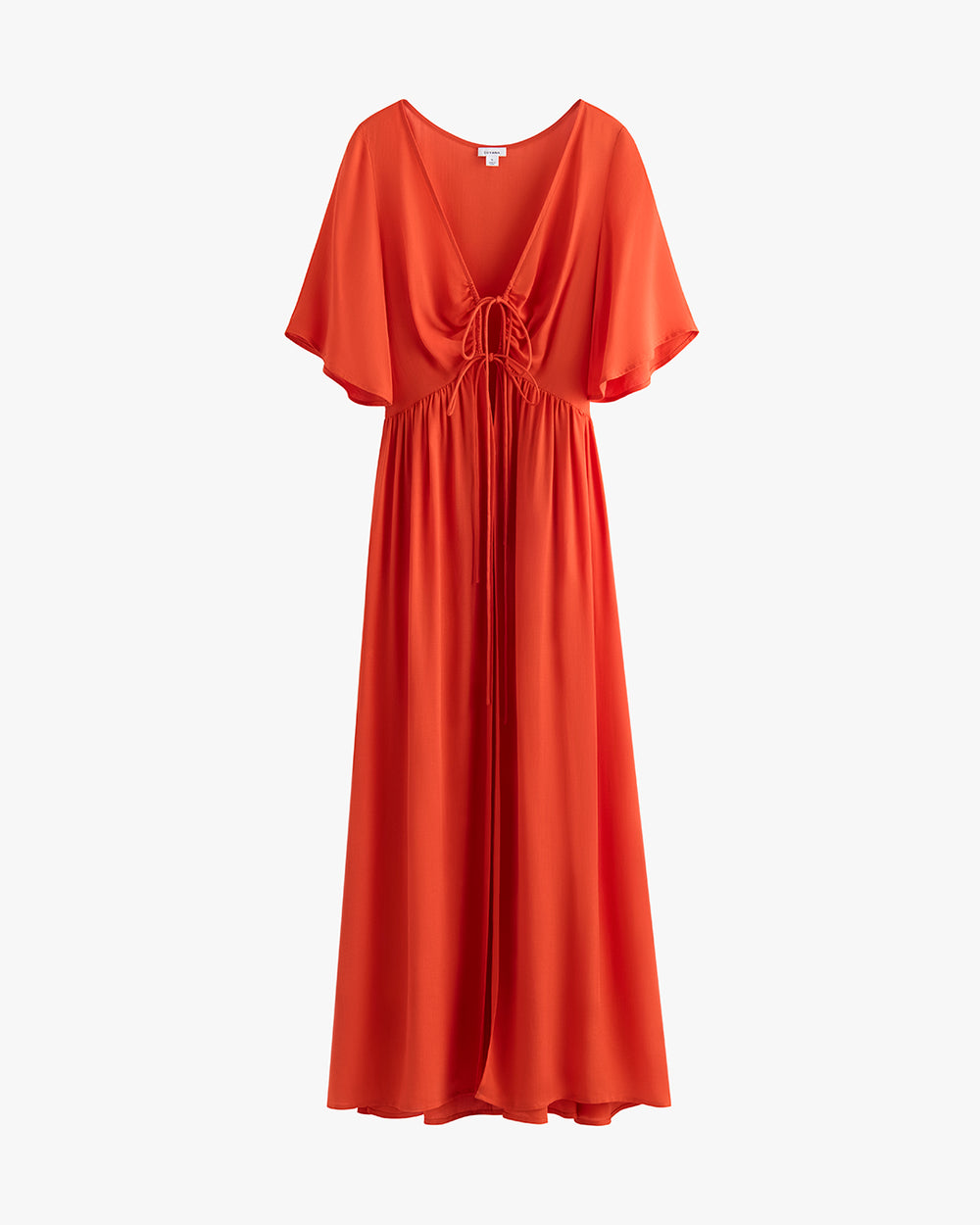 Long flowing dress with short sleeves and a front tie.