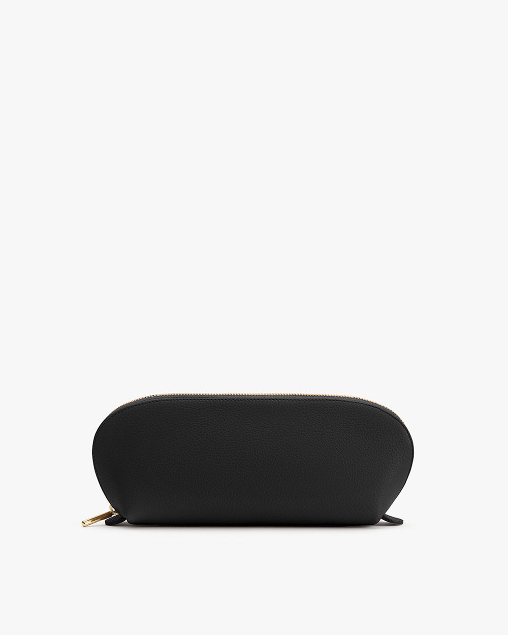 Semi-circular zippered pouch on plain background.