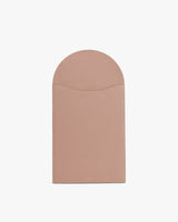 Rectangular leather case with rounded top and small opening.