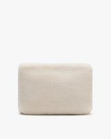 Rectangular furry clutch bag with a simple design on a plain background.