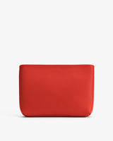 Rectangular leather clutch bag on white background.