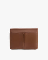 Leather clutch bag with two front pockets.