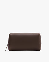 Rectangular leather pouch with zipper on a plain background.