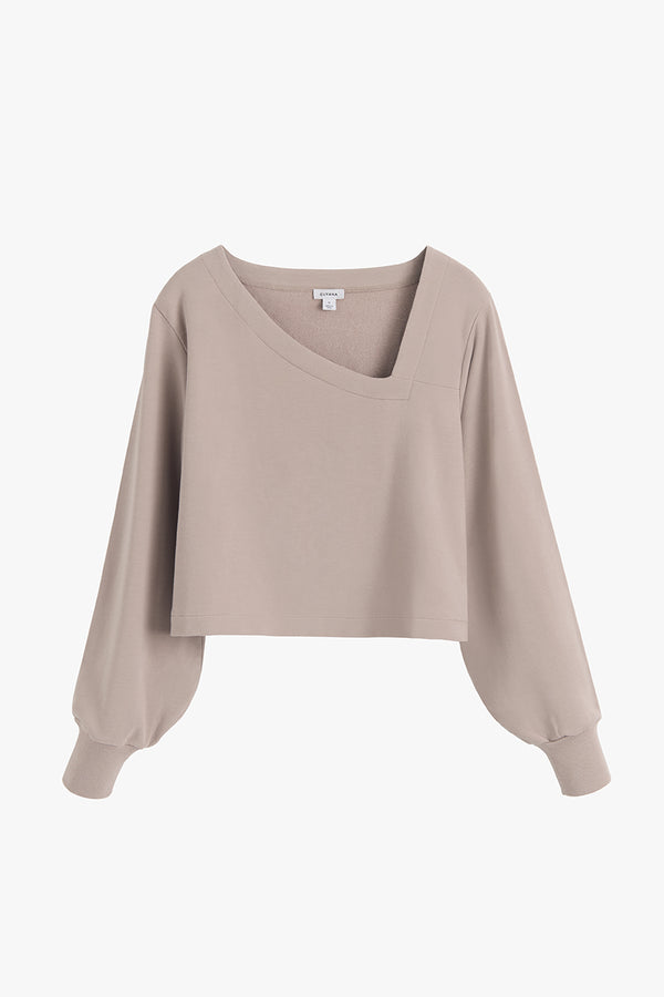 French Terry Asymmetrical Neckline Top Stone / Small