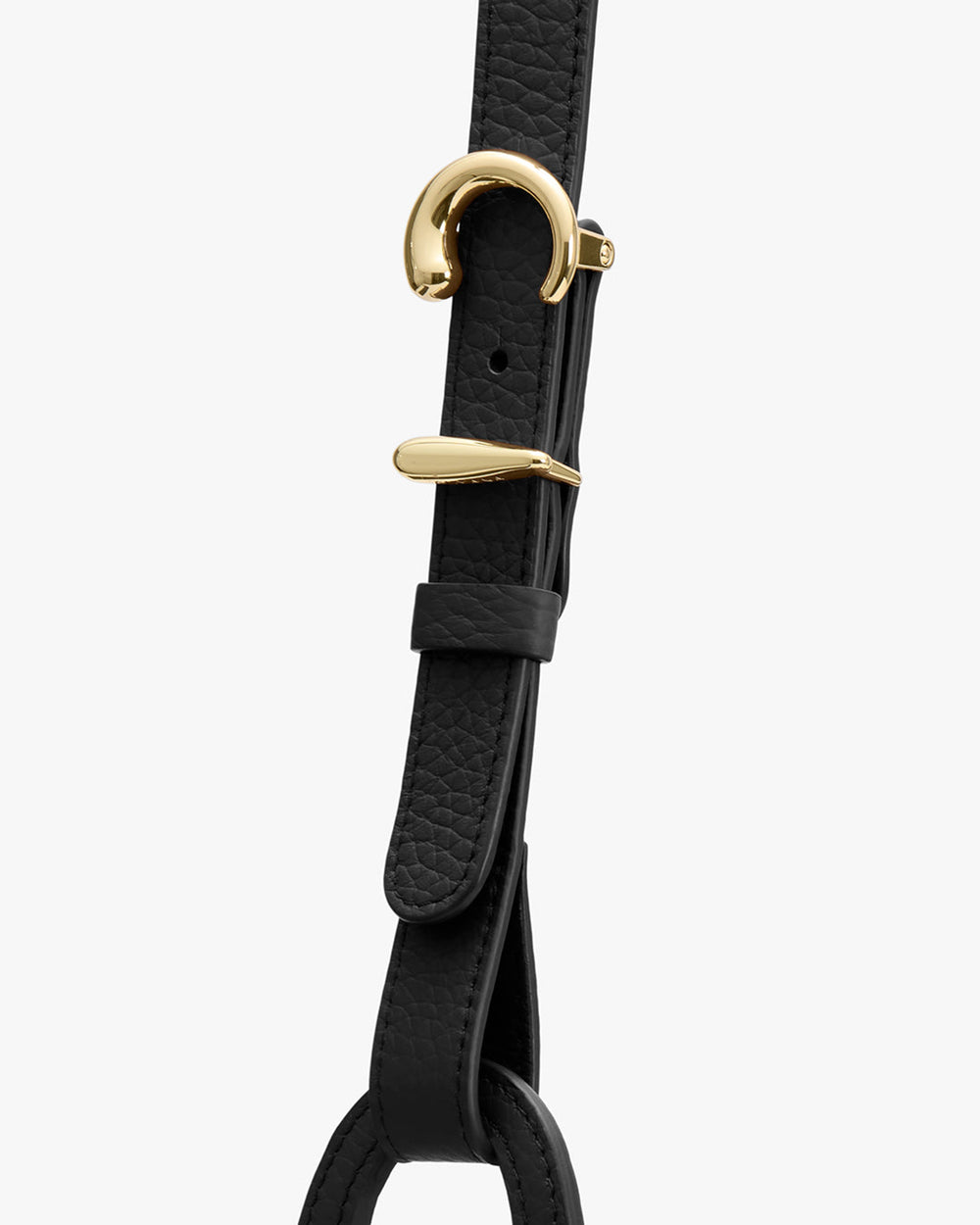 Close-up of a strap with gold metal buckle and textured leather detail