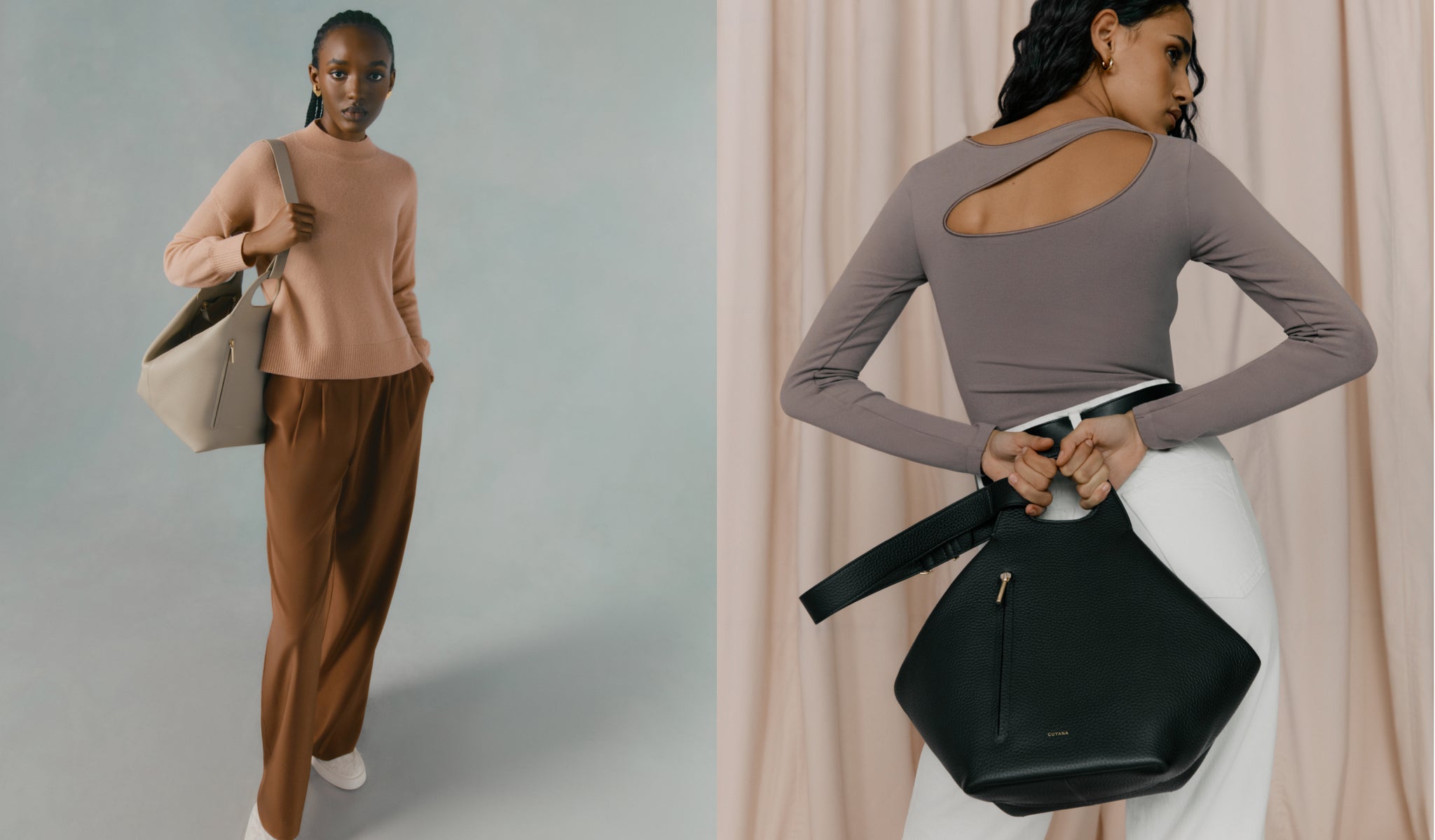 Two women posing with handbags, one facing forward and one back.