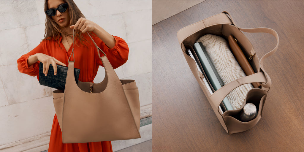 Left: Model in orange holding large leather tote in beige and leather croc embossed wallet in black. Right: Interior of a large beige tote with a laptop, notebooks, a sweater, a water bottle and a wallet placed inside.  
