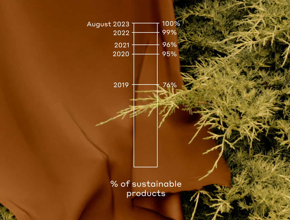 Graph showing the increase in percentage of sustainable products from 2019 to 2023.