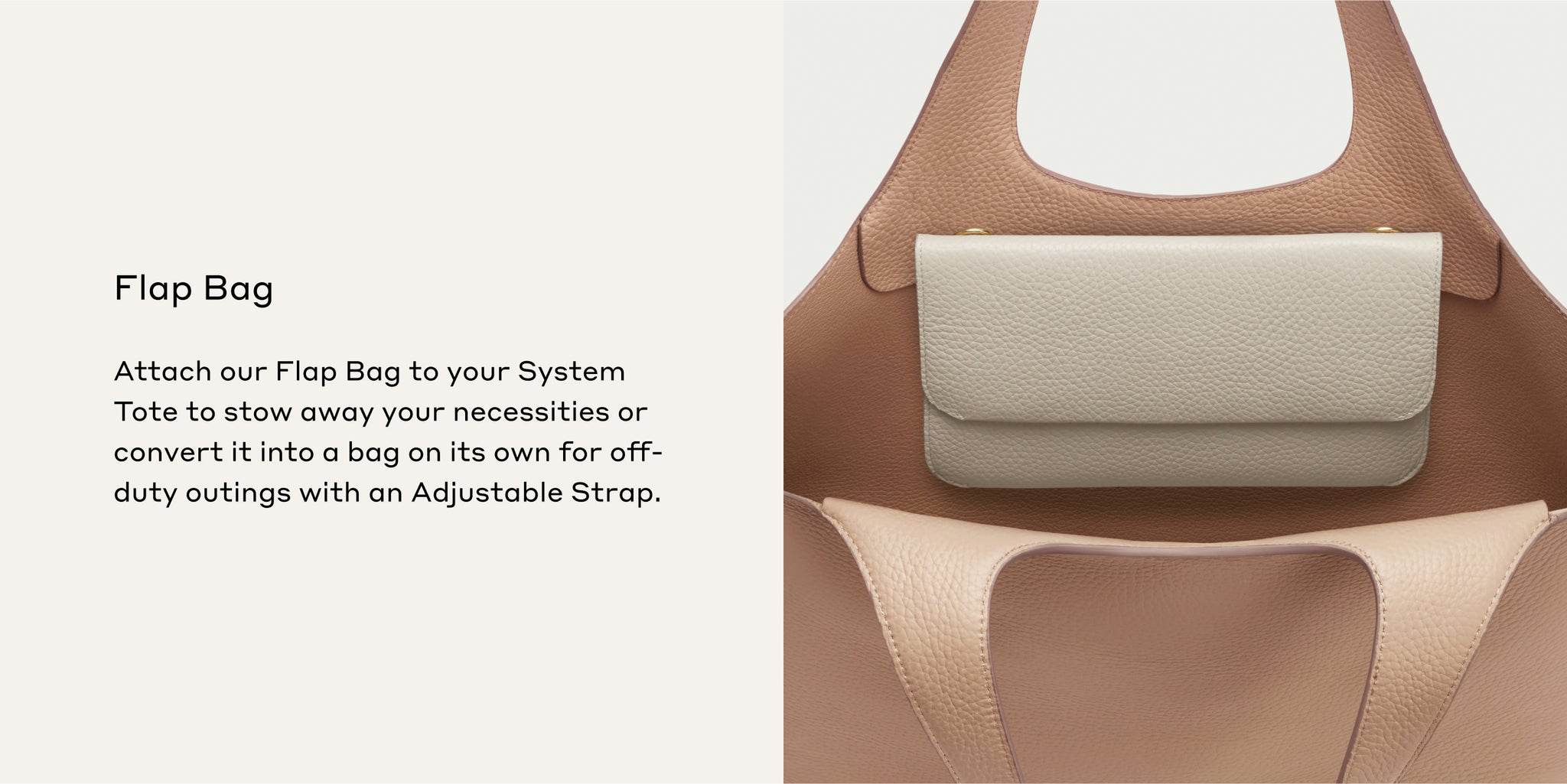 Flap bag on tote with option to use separately with a strap.