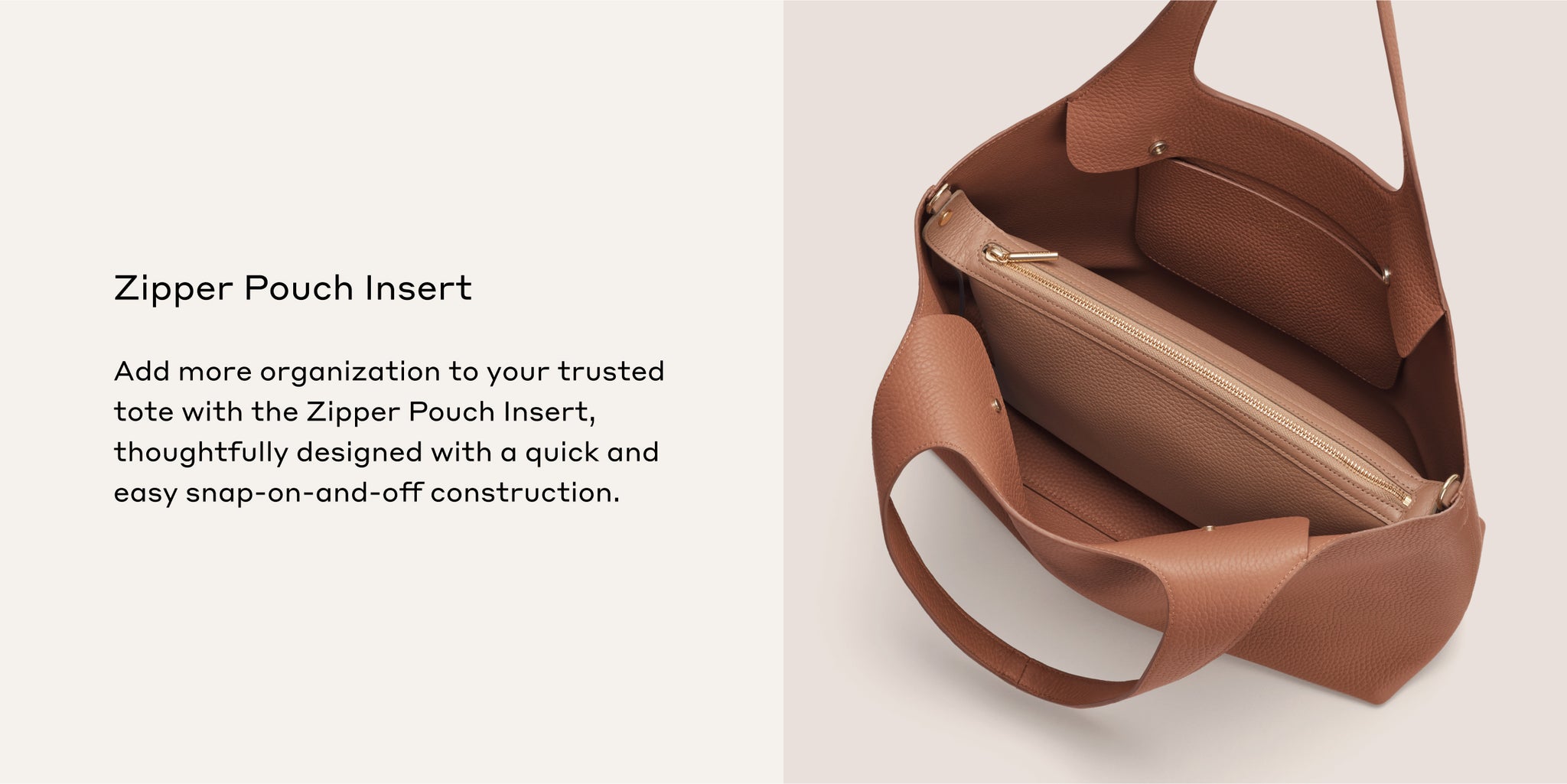 Open tote bag with a zipper pouch insert inside.