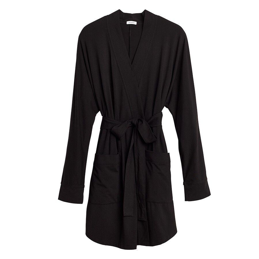 Bathrobe with tie belt and pockets on white background.