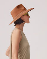 Woman wearing a wide-brimmed hat and sleeveless top, profile view.