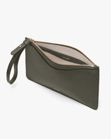 Open wristlet pouch with zipper and brand logo on the bottom front.