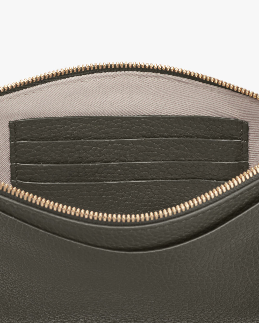 Close-up of a bag with an open zipper showing inner compartments.