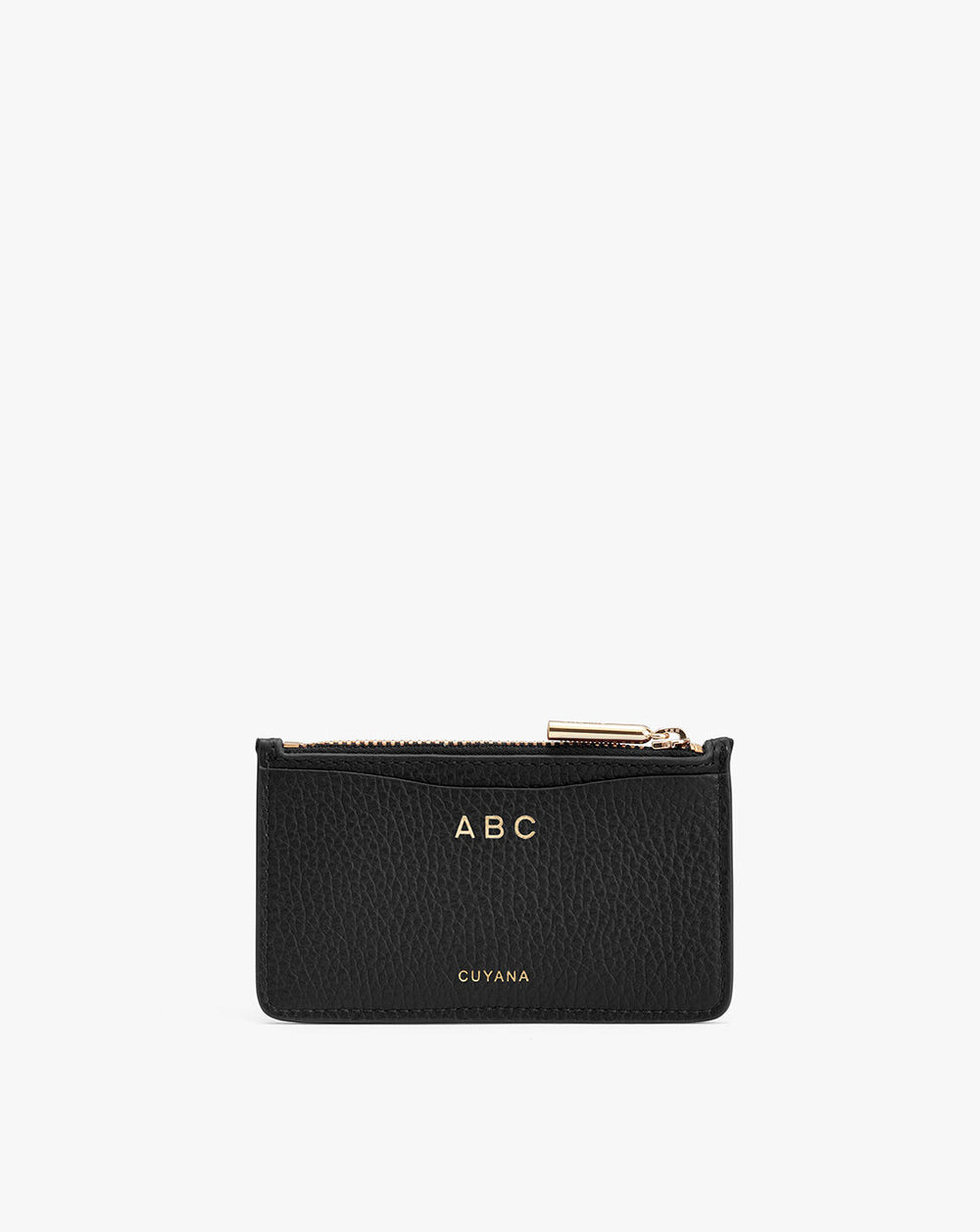 Wallet with zipper and initials ABC engraved on it.