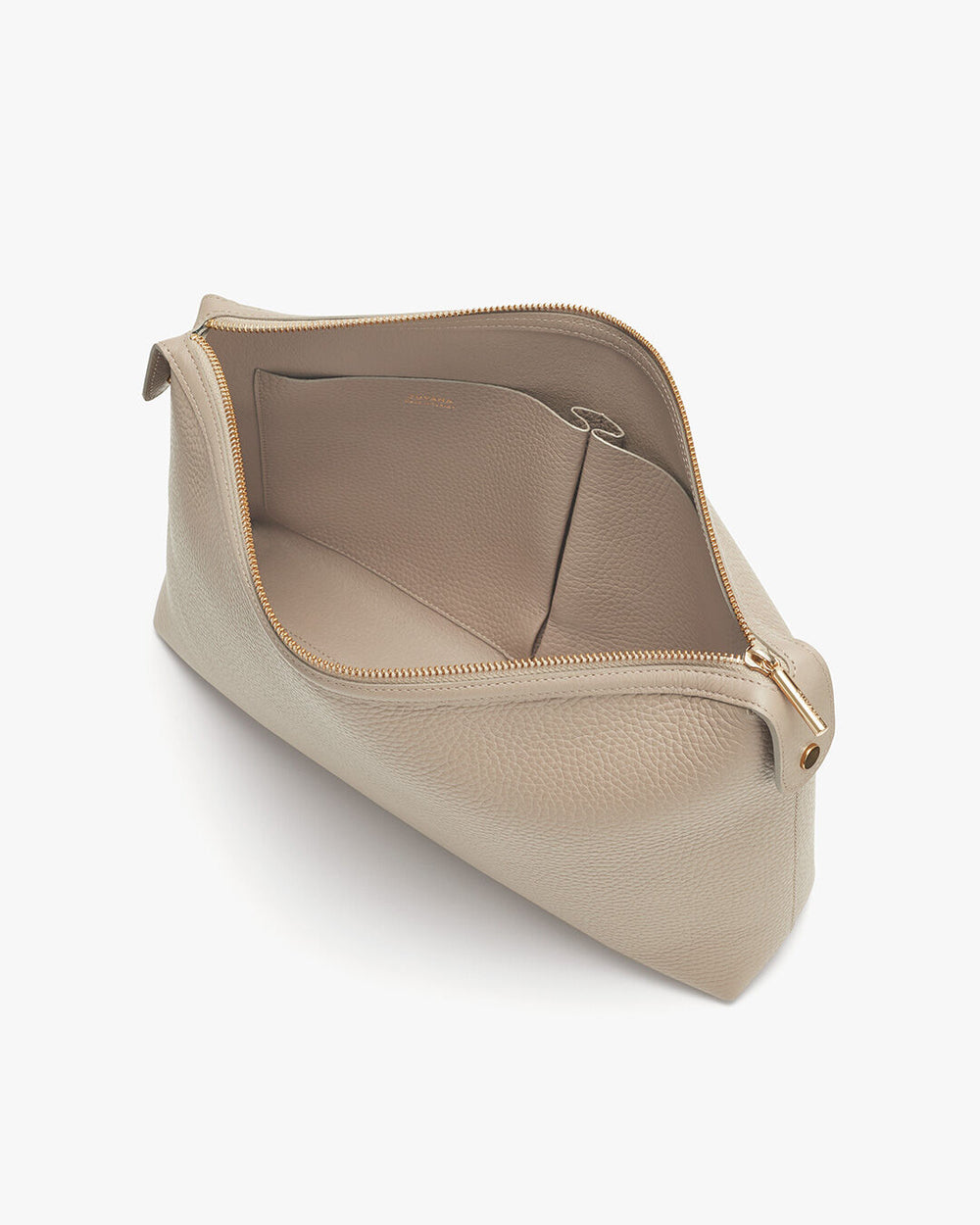 Zippered pouch standing on a light background.