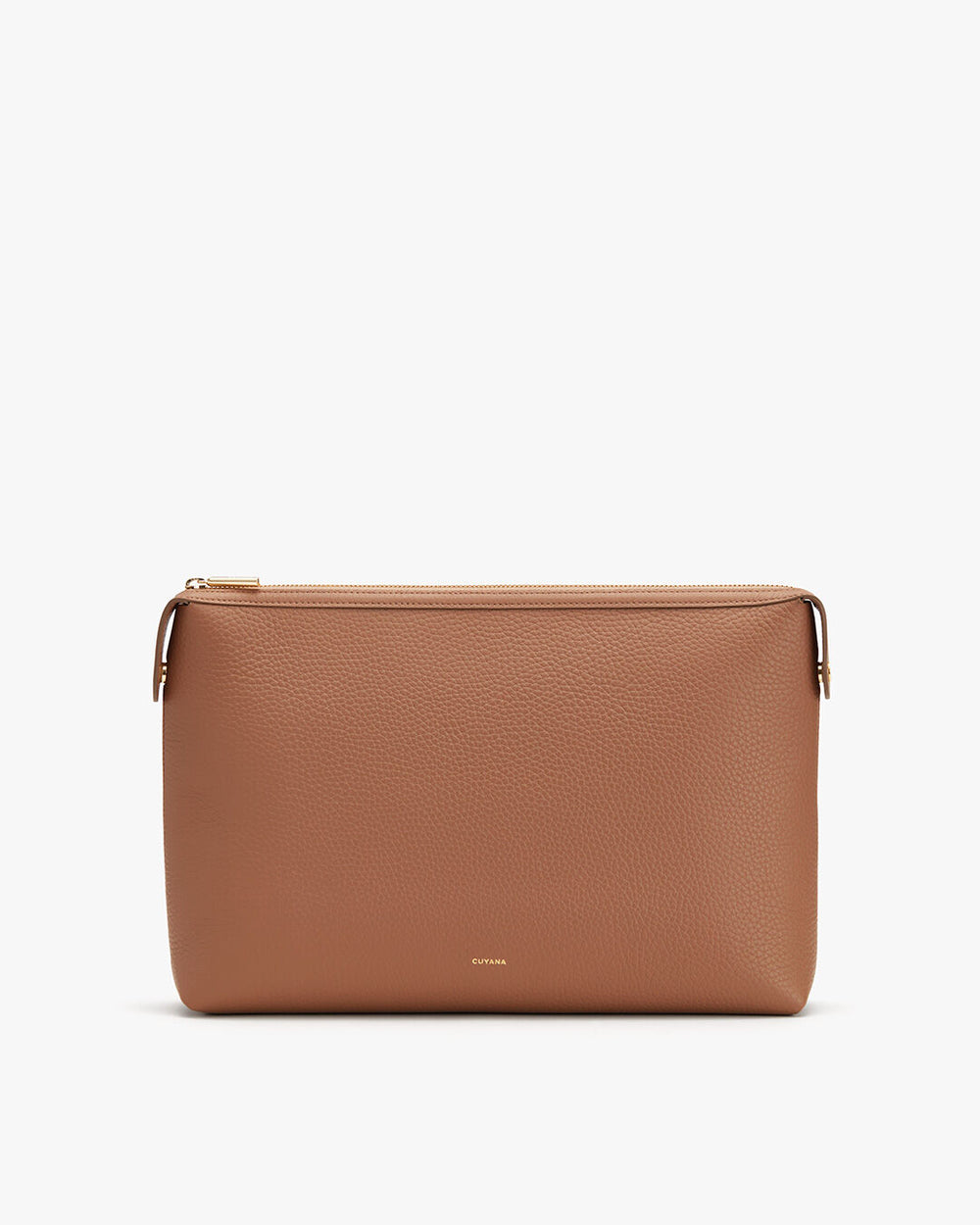 Leather clutch bag with a zipper on a plain background.