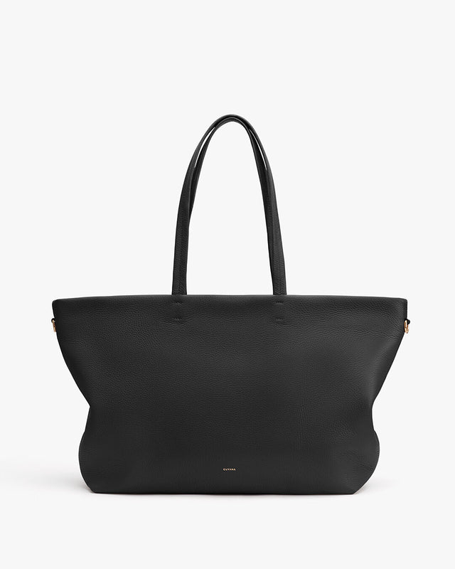 Large tote bag with two handles and a brand label at the bottom center.