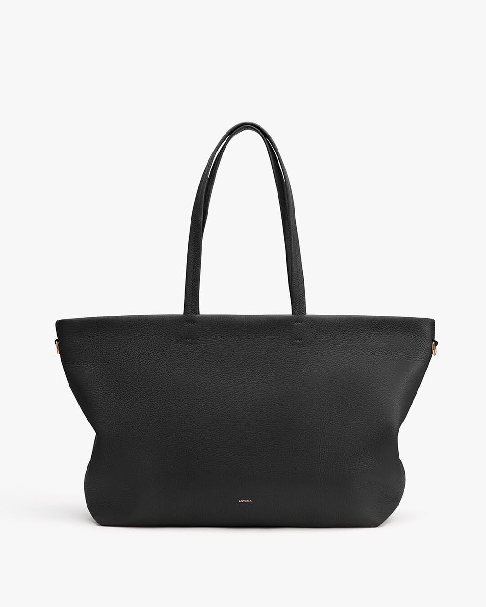 Large tote bag with two handles and a brand label at the bottom center.