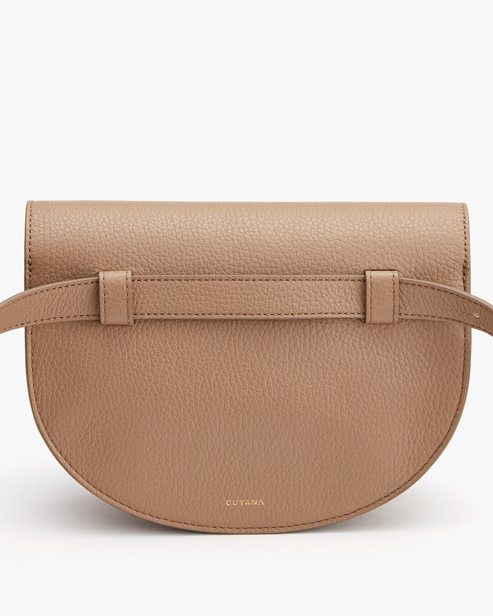 Small, textured crossbody bag with flap and front strap closure.