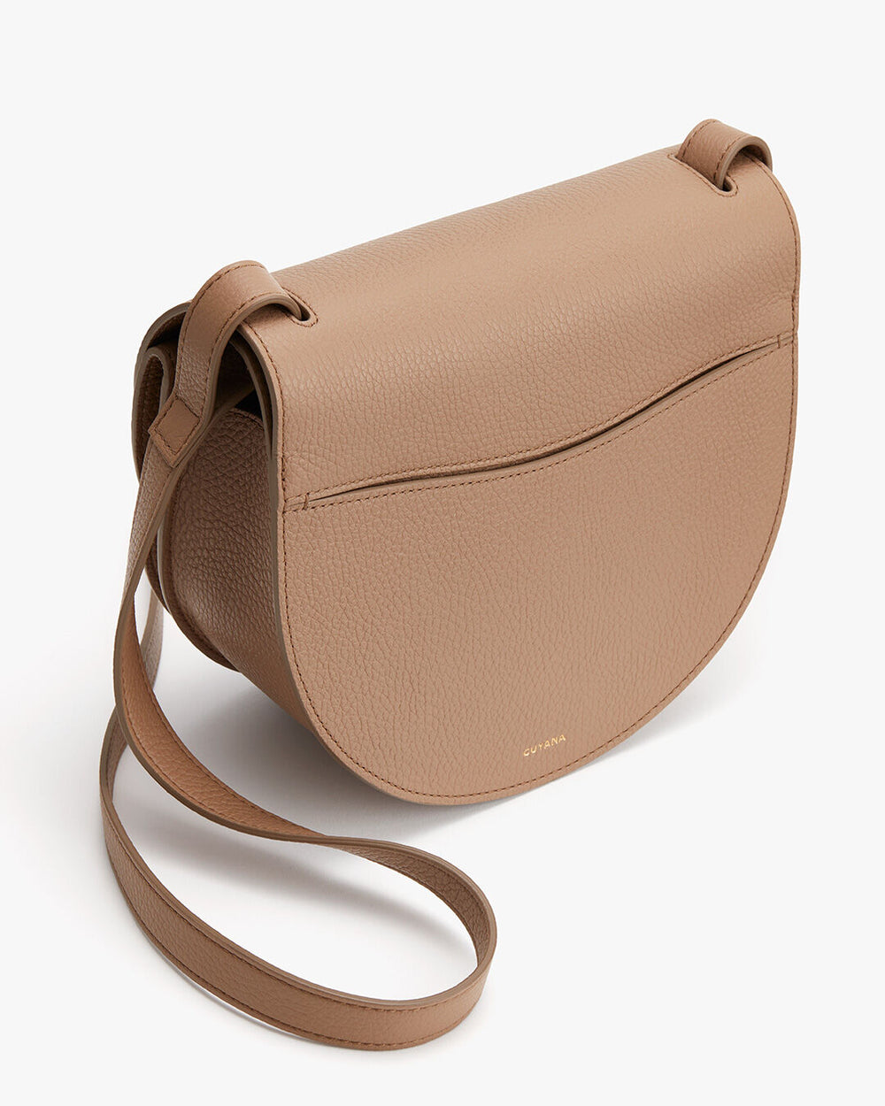 Double Moon Saddle Bag Leather shoulder bag with front flap and adjustable strap.