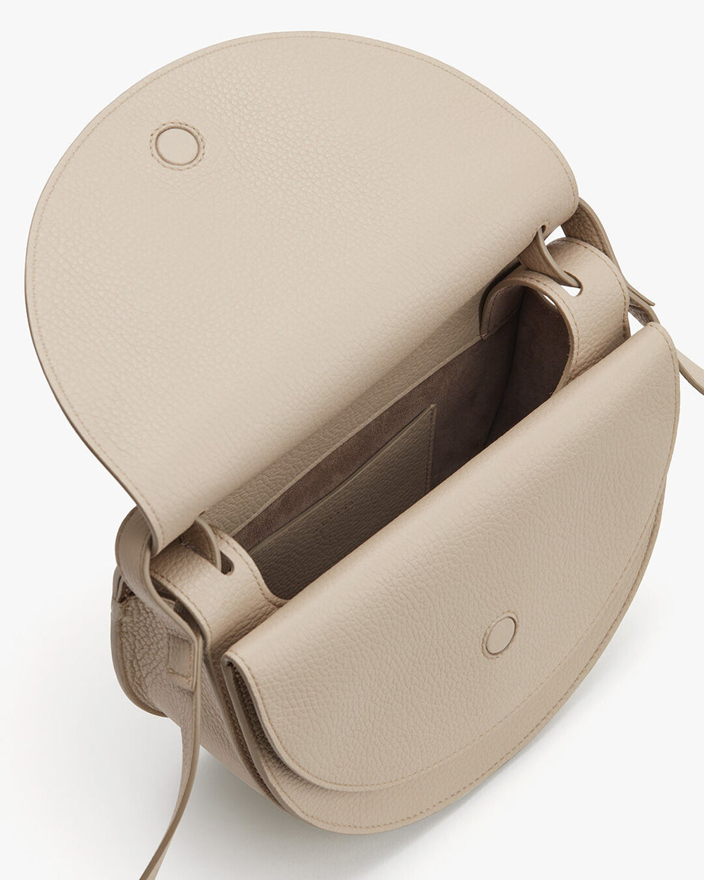 Double Moon Saddle Bag Open handbag with visible interior compartments.