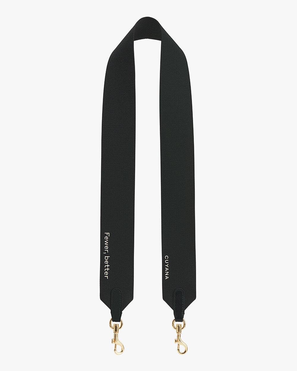 Fewer Better Strap Camera strap with metal clasps and branded text.