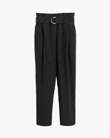Trousers with a belt and pleats, displayed on a plain background.