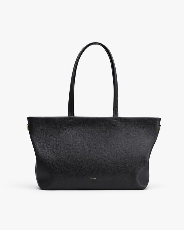 Large tote bag with two handles and a brand logo at the bottom front.