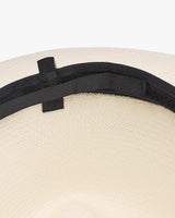 Close-up of a hat with a bow detail.