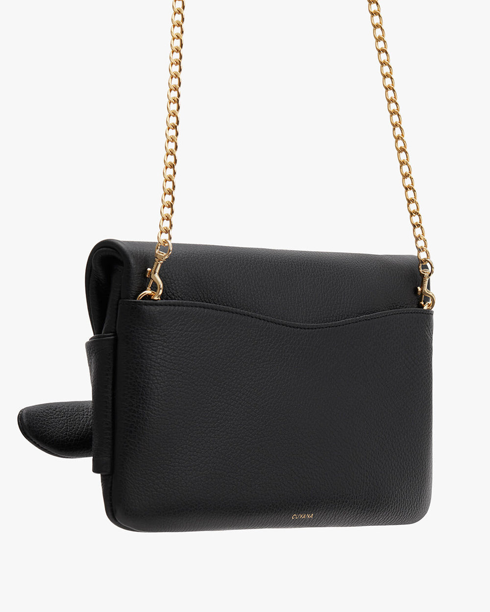 Handbag with a chain strap and front flap closure, isolated on a white background.
